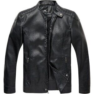 🆕 Men Black Stand Collar Leather Jacket Motorcycle Lightweight Faux Outwear